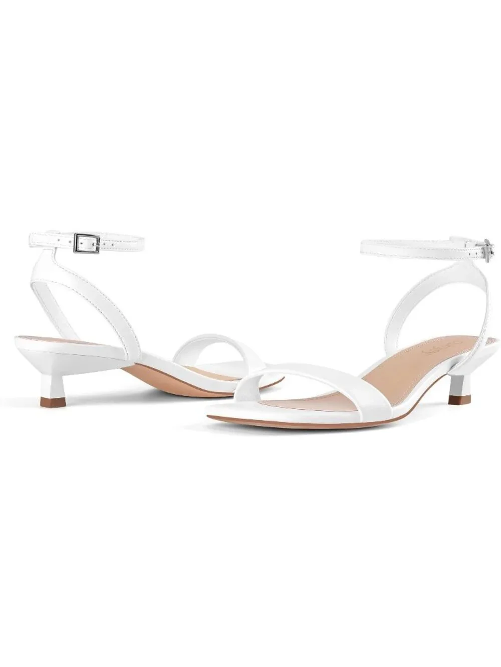 Women's White Faux Leather Square Open Toe Ankle Strap Kitten Heeled Sandals